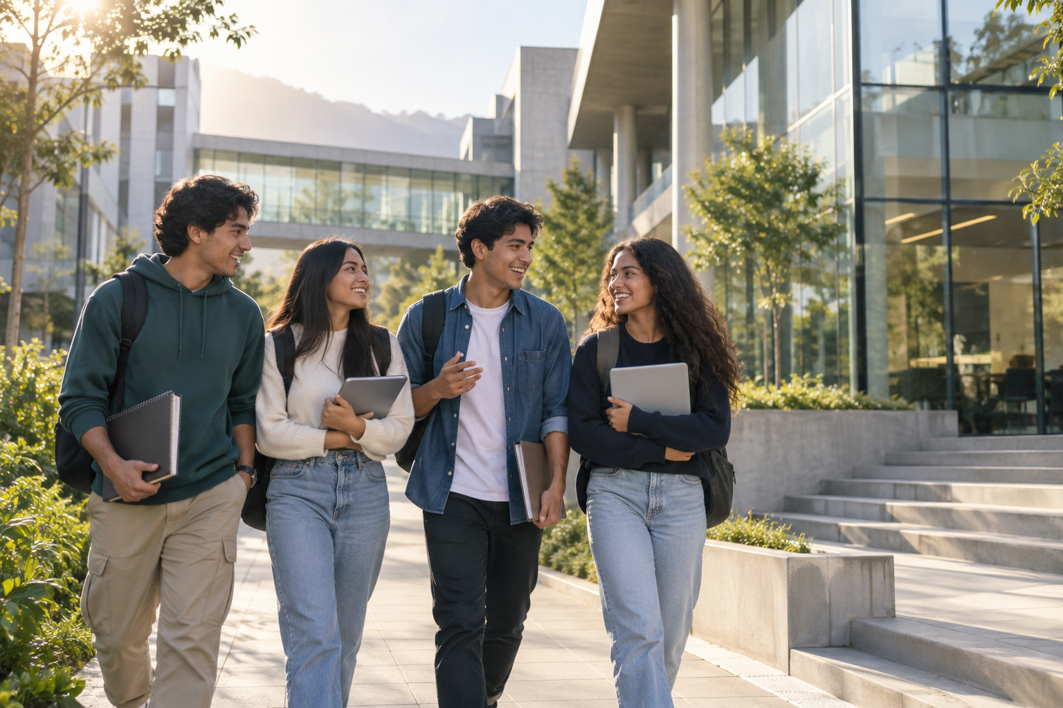 Estudiantes en un campus educativo moderno